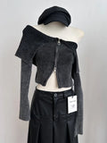 Getadme-Autumn Winter Woman 90s Vintage Gyaru Slash Neck Cardigan Full Zip Sweater Knitwears Long Sleeve Design Crop Tops Y2k Streetwear
