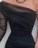 Sexy Dress Diagonal Collar Wrap Mesh Long Dresses Women One Shoulder Sleeve Waist Solid Party Dress