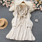Ruffled A-line Dress Autumn V-Neck Pleated Knit Midi Long Dresses for Women Long Sleeve Elegant Pink Knitted Dress Robe Femme
