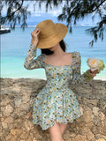 Getadme-Floral Dress Holiday Sweet Chiffon Sexy Long Sleeve Dress Square Collar Women's Summer Sundress Robe Boheme Femme Clothes