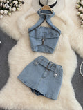 Getadme Women Halter Backless Sexy Denim Top Hig Waist Shorts New Two Piece Set Temperament Fashion Spring Summer