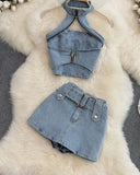 Getadme Women Halter Backless Sexy Denim Top Hig Waist Shorts New Two Piece Set Temperament Fashion Spring Summer