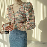 Getadme-Autumn Women Cardigan Korean Chic Sweet Retro Warm Thick Sweater Long Sleeve Mixed Color Knit Top Y2k Button Knitted Jacket