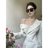 Getadme-Chic Korean Fashion Dress Women Elegant Temperament Off Shoulder Dresses Spring Irregular Slim Button Up Blazer Dress