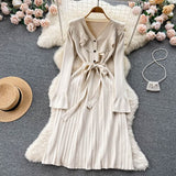 Ruffled A-line Dress Autumn V-Neck Pleated Knit Midi Long Dresses for Women Long Sleeve Elegant Pink Knitted Dress Robe Femme