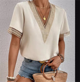 Getadme-Women's V-neck Splicing Lace Blouse Elegant Commuter Loose Short Sleeve Shirt Female 2023 Summer British Style Daily Casual Tops