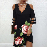 Getadme-Dress Women Elegant V Neck Summer Off Shoulder Lace Mesh Patchwork Mini Dress Female Loose Print Beach Short Dress