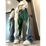 Getadme-Denim Contrast Drawstring Lounge Pants American High Street Straight Casual Pants Women Fashion Hip-Hop Simple Loose Trousers