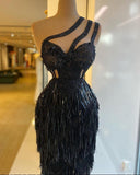 Luxurious Black Mermaid Party Dresses One Shoulder Tassels Prom Gowns Custom Made Beaded Women Formal Evening Dresses