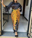 Getadme-African Printed Two Piece Sets Skirt Womens O-neck Loose Flare Sleeve  Lace-up Skirt 2 Piece Suit Womens