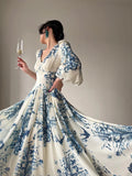 Getadme French Midi Fashion Floral Beading High Waist A Line Party Dresses Women Vintage Elegant Lantern Sleeve Chic Casual Elbise