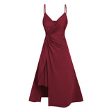 Plain Color Twisted Slit Plunging A Line Midi Dress Solid Color Casual High Waist Vestido Feminino