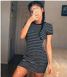 Summer Round Neck Enough Stock Short-sleeved Dress Black And White Striped Dresses Casual Elegant Sheath Slim Dress