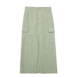Linen Blend Cargo Skirts for Women High Wasit Midi Skirts Woman 2023 Summer Pockets Skirt Women Office Split Skirt