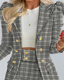 Getadme-Autumn Women's Skirt Suits Fashion Plaid Print Puff Sleeve Buttoned Blazer Coat and Short Skirt Office Lady Set