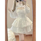 Hot Girl Lace White Kawaii Lolita Dress Woman Cascading Ruffl Long Sleeve Fairy Dress Straps Birthday Party Quinceanera Dresses
