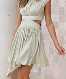 Short Green Dress For Woman Summer A Line Mini Bareback Dresses Females Pleated Solid Sleeveless Sweet Dress Women