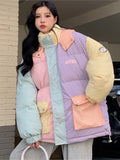 Getadme - Veste d'hiver pour femme, motif macaron, grande poche, patchwork tendance, doudoune matelassée décontractée, épaisse et chaude, à capuche en coton.