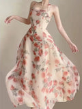 Summer Floral Midi Dress for Women 2023 New Fashion Fairycore Spaghetti Strap Summer Dress Elegant Neck Mounted Backless Dress