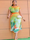 Getadme Miyake Pleated Suit Women's Sping/Summer New Fashion Printing All-match Large Size Slim Top&Skirt 2 Pcs Set