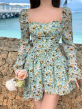Getadme-Floral Dress Holiday Sweet Chiffon Sexy Long Sleeve Dress Square Collar Women's Summer Sundress Robe Boheme Femme Clothes