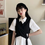 Getadme Vintage Gothic Shirt Dress Sets Women Harajuku Black Bandage Vest Short Sleeve High Waist Dress Summer