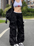 Getadme Y2K Parachute Black Pants Women Hippie Streetwear Oversize Pockets Cargo Trousers Harajuku Wide Leg Baggy Sweatpants