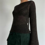 Getadme-Y2K Tie Back Sweaters Women Long Sleeve Boat Neck Solid Color Knitted Pullover Casual Crochet Tops Fall New