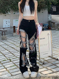 Getadme New All-Match Y2k Distressed Women Broken Hole Jeans High Street Hip Hop High Waist Straight Loose Trousers Washed Mopping Pants