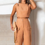 LIYONG Women Two Piece Set Summer Fashion Solid Round Neck Sleeveless Loose Top Casual With Pockets Pants Sets High Streetwear