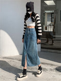 Jupe en jean bleu rétro mi-longue pour femme, collection printemps-été, style urbain simple, poches, coupe droite fendue, style trapèze.
