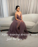 Getadme-Elegant Tulle Evening Dresses Sleeveless V-Neck Spaghetti Strap A-Line Pleat Ruched Saudi Arabic Prom Dress Celebrity Gown