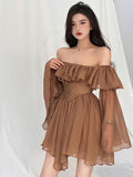 Getadme French Sexy Off Shoulder Dress Women Koaren Flare Sleeve Pure Desire Waist Slim Chic Stunning Royal Sister Robe Women Vestidos