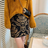 Jacquard Embroidery Vintage Skirt Women's 2023 Spring Autumn New High Waist A- line Slim Fit Slim Sheath Skirt Women