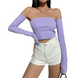 Getadme-Female Crop Tops T-shirts, Solid Color Boat Neck Off Shoulder Sexy Tops Pullover with Long Sleeves for Summer Club Wear