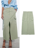 Linen Blend Cargo Skirts for Women High Wasit Midi Skirts Woman 2023 Summer Pockets Skirt Women Office Split Skirt