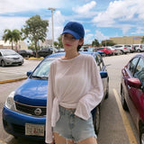Simplicity Solid Color Thin T Shirts Summer New Round Neck Long Sleeve Loose Split Hem Tops Tees Fashion Casual Women Clothing