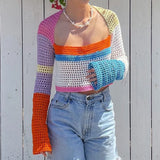 Knitted Long Sleeve Crop Top Women Beach Autumn Summer Patchwork Vintage Green Casual T Shirts Sexy Fashion
