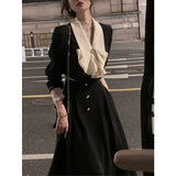 Getadme-2 Piece Dress Set Women Casual Elegant Vintage Black Midi Dress Korean Clothes Y2k Crop Top Short Coats + Skirt Autumn Chic