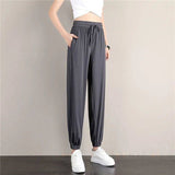 Large Size Ice Silk Wide Leg Bloomers Pants Women's Summer Thin Drape Loose Straight Casual Pants Student Sports Cool Sweatpants