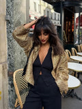 Getadme-Fashion Metal Color Gold Sequin O Neck Jacket Women Loose Stand Collar Long Sleeve Coat 2023 Autumn Winter Street Female Outwear