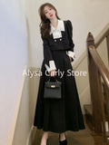 Getadme-Autumn Elegant 2 Piece Dress Set Women Slim Vintage Party Office Lady Korean Suit Long Sleeve Crop Tops + Casual Midi Skirt