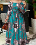 Getadme-Bohemian Maxi Robe Women Printed Party Dress Sexy Off Shoulder Long Lantern Sleeve Sundress Belted Vintage Vestidos