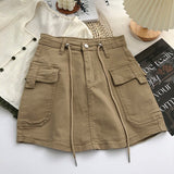 Getadme-Green Short Cargo Skirt Women Drawstring High Waist Mini Skirts Female Y2K Streetwear Big Pocket A-Line Skirts De Mujer