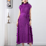 Miyake Pleated Women's Ruffled Lace Dress Solid Luxury Female Short Sleeve With Long Socks Vintage 2023 Summer New Fashion Dress