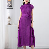 Miyake Pleated Women's Ruffled Lace Dress Solid Luxury Female Short Sleeve With Long Socks Vintage 2023 Summer New Fashion Dress