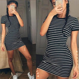 Summer Round Neck Enough Stock Short-sleeved Dress Black And White Striped Dresses Casual Elegant Sheath Slim Dress