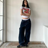 Jean Getadme-American Simple Retro à poches brodées, coupe ample, jambes larges, style classique et tendance, pantalon droit décontracté pour femme