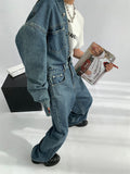 Retro Blue Washed Aged Denim Jumpsuits Womens Spring Autumn New Loose Single Breasted Long Sleeve Jean One Piece Trousers Female