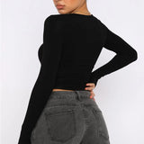 T-shirt court moulant pour femme Getadme, automne, couleur unie, col rond, manches longues, nombril apparent
